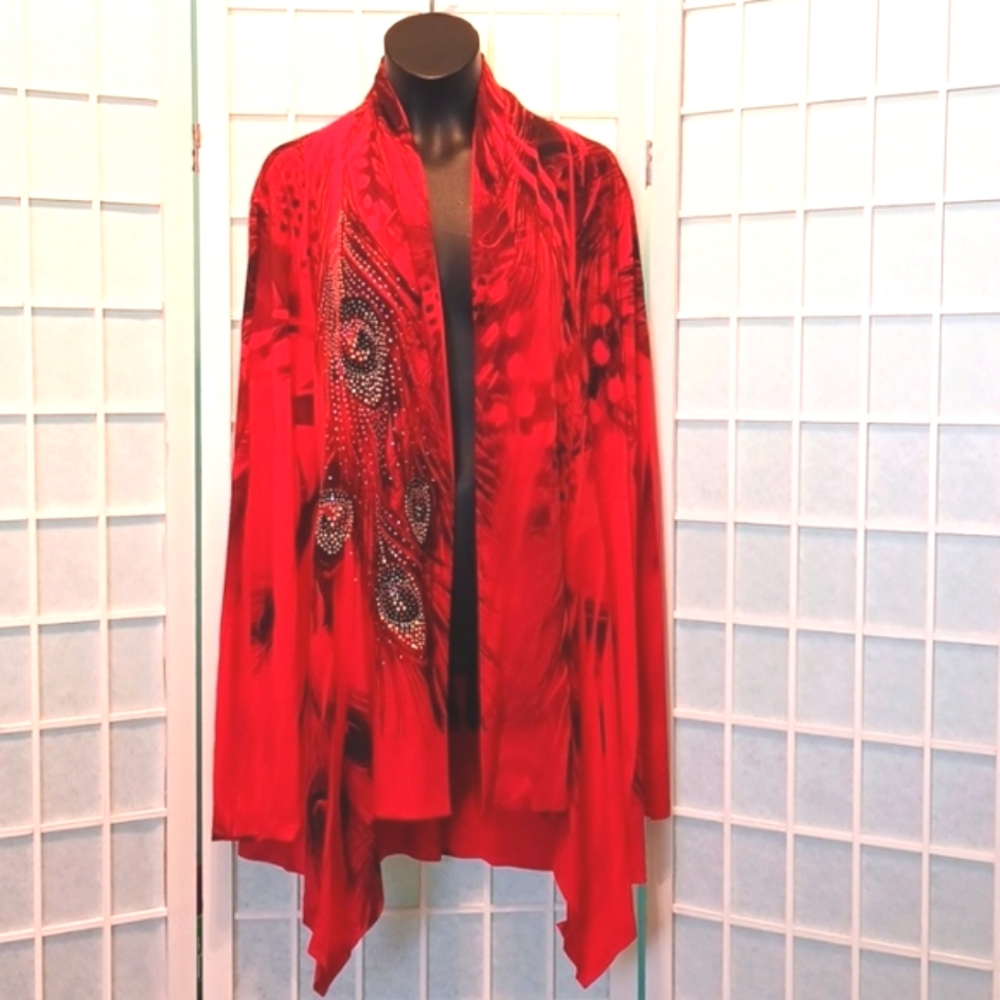 NEW! M Jostar Cardigan Red with bling and feathers 5598